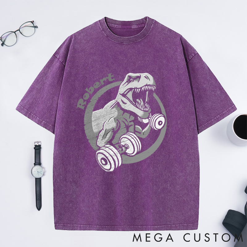 Personalized Gym Washed T-Shirts with Fierce T Rex Lifting Dumbbells Design for Fitness Enthusiasts Bodybuilders and Gym Lovers