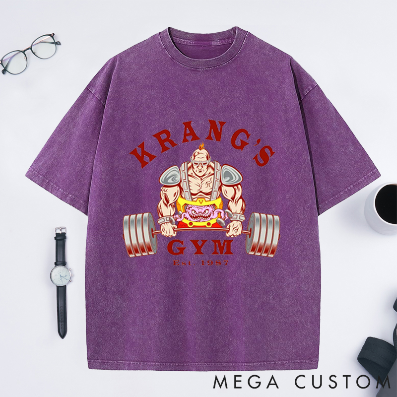 Personalized Gym Washed T-Shirts with Bold Alien Bodybuilder Lifting Design for Fitness Enthusiasts Bodybuilders and Gym Lovers