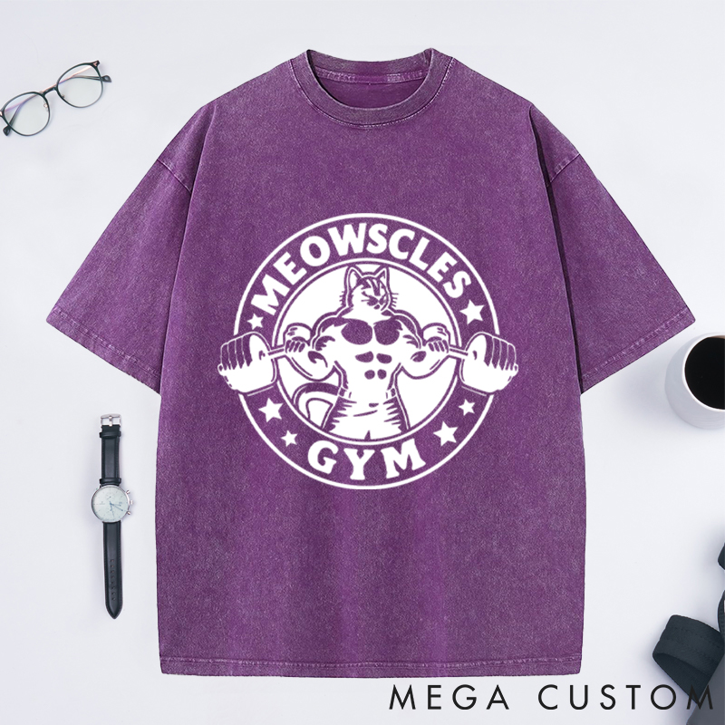 Personalized Gym Washed T-Shirts with Buff Cat Lifting Dumbbells Design for Fitness Enthusiasts Bodybuilders and Gym Lovers