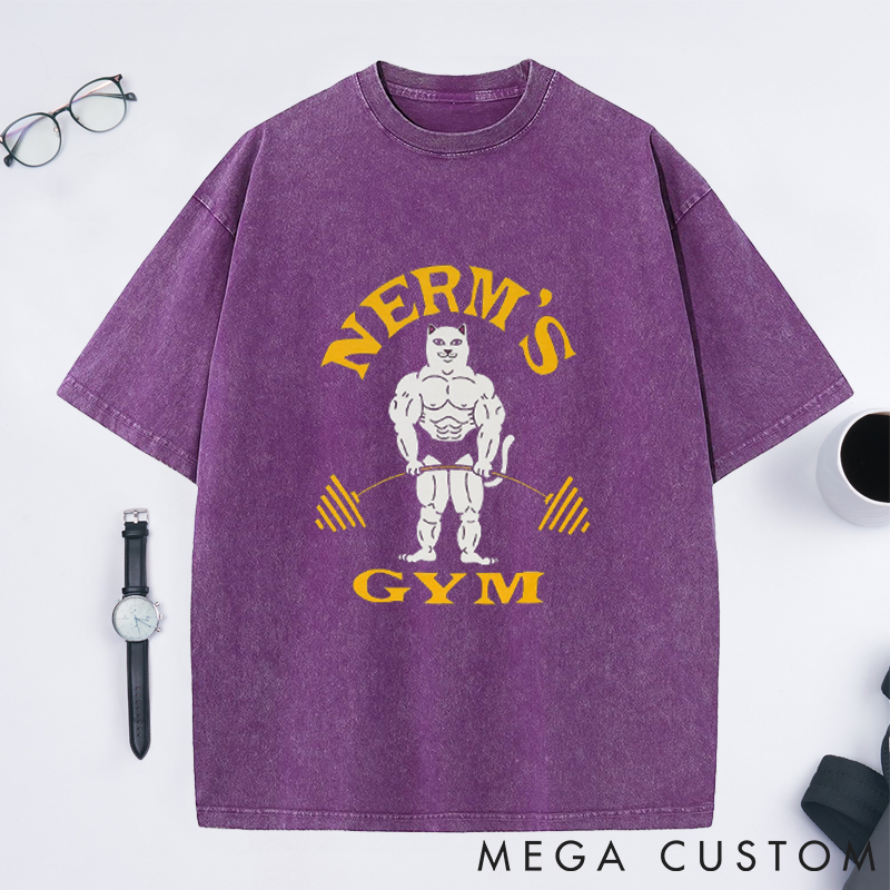 Personalized Barbell Design Washed T-Shirts with Muscular Cartoon Character for Fitness Enthusiasts Bodybuilders and Gym Lovers
