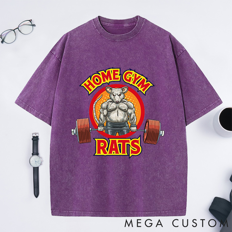 Personalized Gym Washed T-Shirts with Muscular Rat Lifting Barbell Design for Fitness Enthusiasts Bodybuilders and Gym Lovers