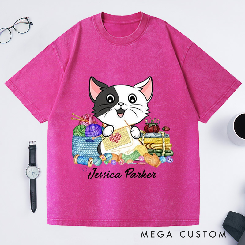 Personalized I Love Knitting And Cat Washed T-Shirts Knit Gift Knitting Gift Knitter Gift Love To Knit Love Knitting Knit Lover