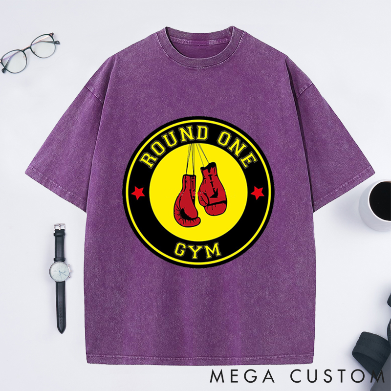 Personalized Round One Gym Washed T-Shirts with Classic Boxing Gloves Design for Fitness Enthusiasts Bodybuilders and Gym Lovers