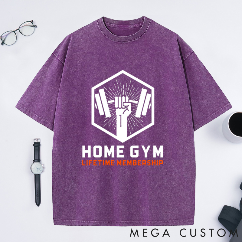 Personalized Gym Washed T-Shirts with Lifetime Membership Bold Barbell Design for Fitness Enthusiasts Bodybuilders and Gym Lovers