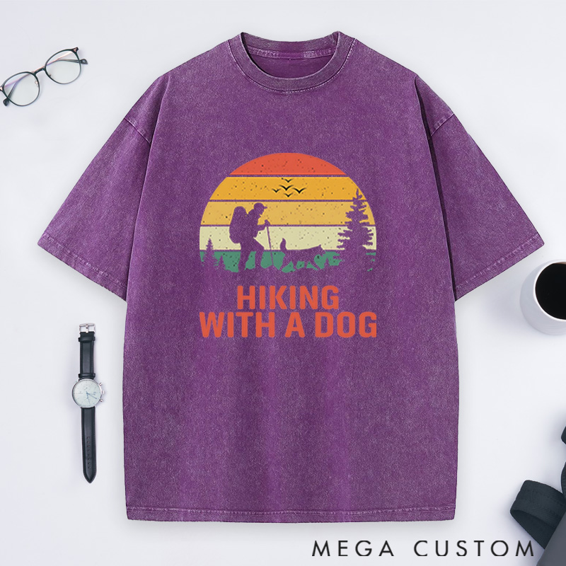 Personalized Hiking With A Dog Washed T-Shirts Mountain Adventures Shirts Gift for Hiking Traveling Camping Lover