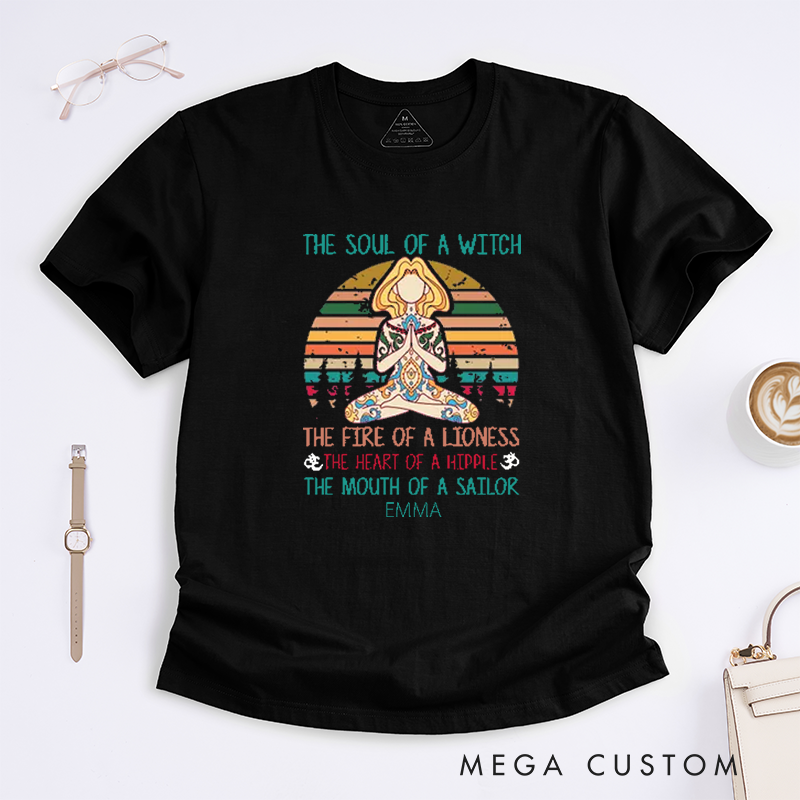 Personalized The Soul Of A Witch Yoga T-Shirt Positive Yoga Lover T-Shirt Meditating Yoga Gift for Women