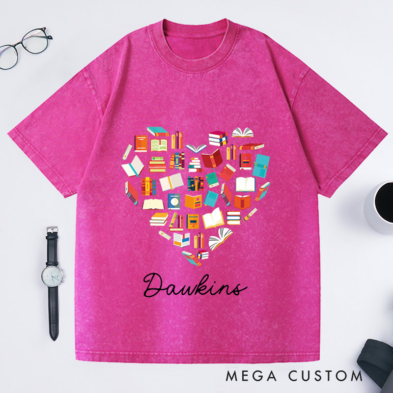 Personalized Book Love Washed T-Shirts Book Addict Clothing Book Heart Tee Reading Lover T-Shirt 