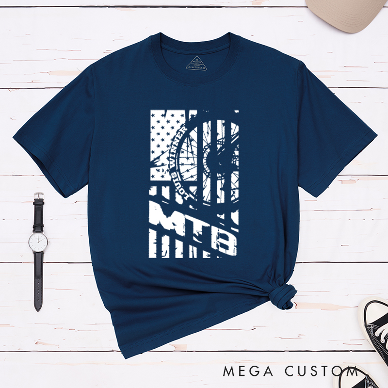 Personalized MTB Flag T-Shirt with a Bold Mountain Bike Wheel and American Flag for Outdoor Adventures Riding Cycling Biking Enthusiasts