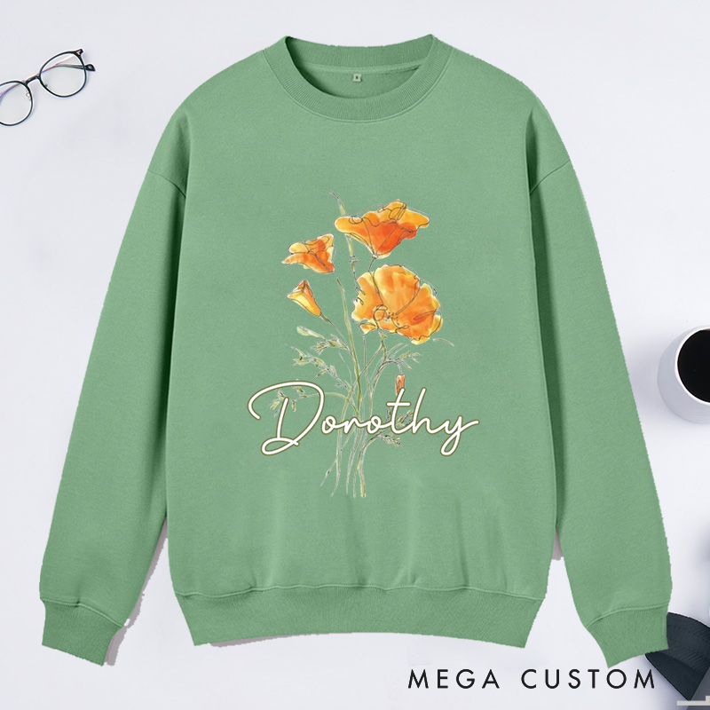 Personalized Golden Poppy Classic Sweatshirts Wildflower Sweatshirt with Name Botanical Sweatshirt Plant Lover Gift Gardening Gift for Gardener