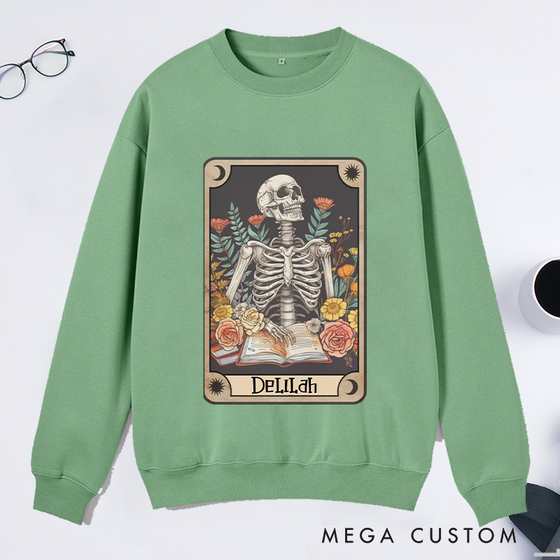 Personalized The Reader Tarot Card Classic Sweatshirts Skeleton Reading Sweatshirt with Name Book Lover Gift Librarian Gift