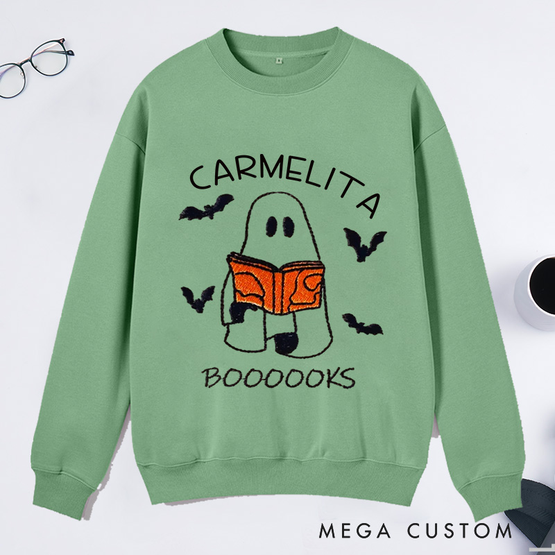 Personalized Booooks Classic Sweatshirts Custom Halloween Sweatshirt with Name Ghost Reading Halloween Gift Book Lovers Gift Librarian Gift