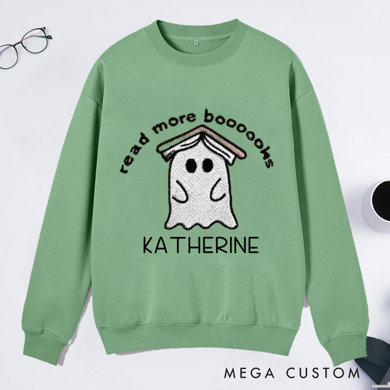 Personalized Ghost Book Classic Sweatshirts Fall Spooky Season Sweatshirt Reading Ghost Sweatshirt Book Lovers Gift Halloween Gift