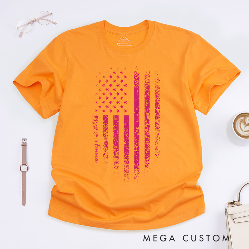 Personalized Breast Cancer Awareness Pink Distressed American Flag T-Shirt