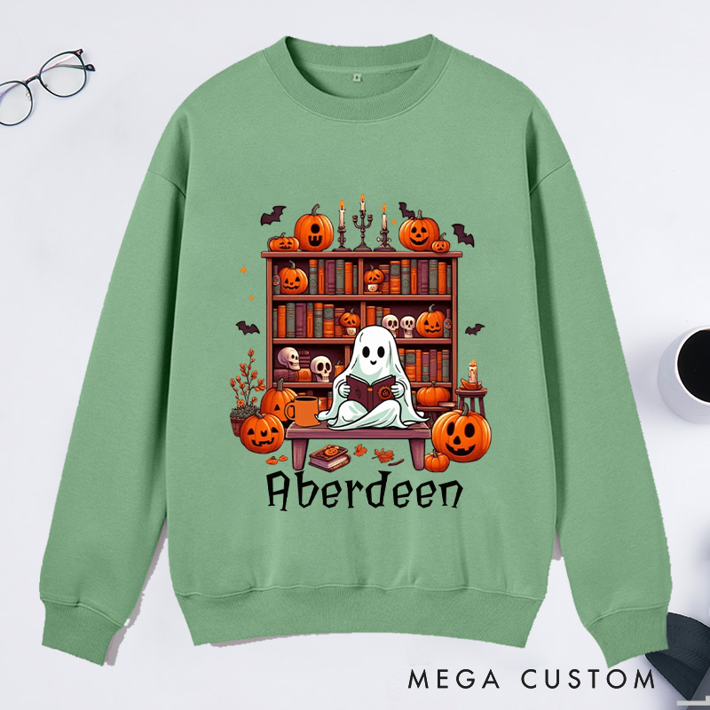 Personalized Ghost Book Reader Classic Sweatshirts Halloween Sweatshirt Bookish Sweatshirt with Name Book Lover Gift Librarian Gift Halloween Gift