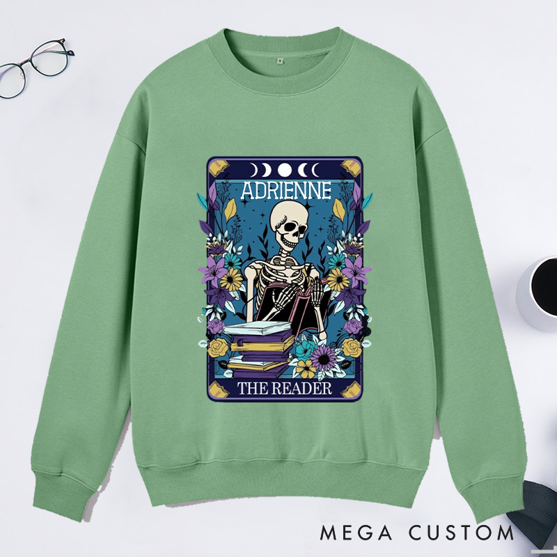 Personalized The Reader Classic Sweatshirts Skeleton Tarot Sweatshirt Bookish Sweatshirt with Name for Book Lover Gift Librarian Gift