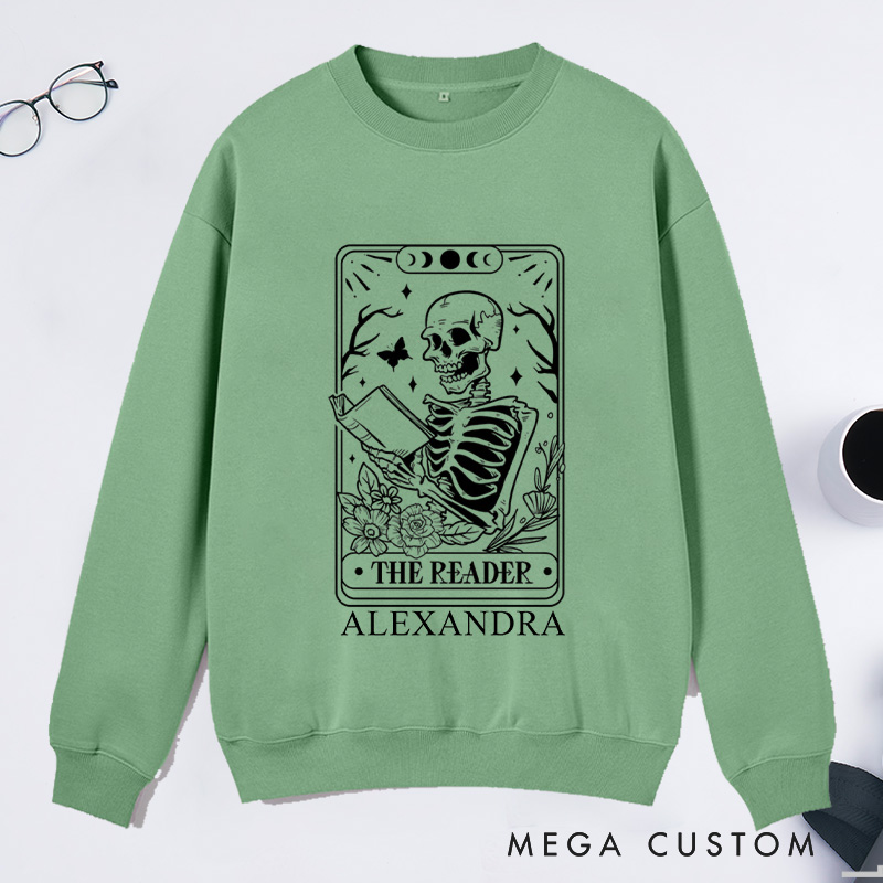 Personalized The Reader Tarot Card Classic Sweatshirts Skeleton Sweatshirt Bookish Sweatshirt with Name Book Lover Gift Librarian Gift Reader Gift