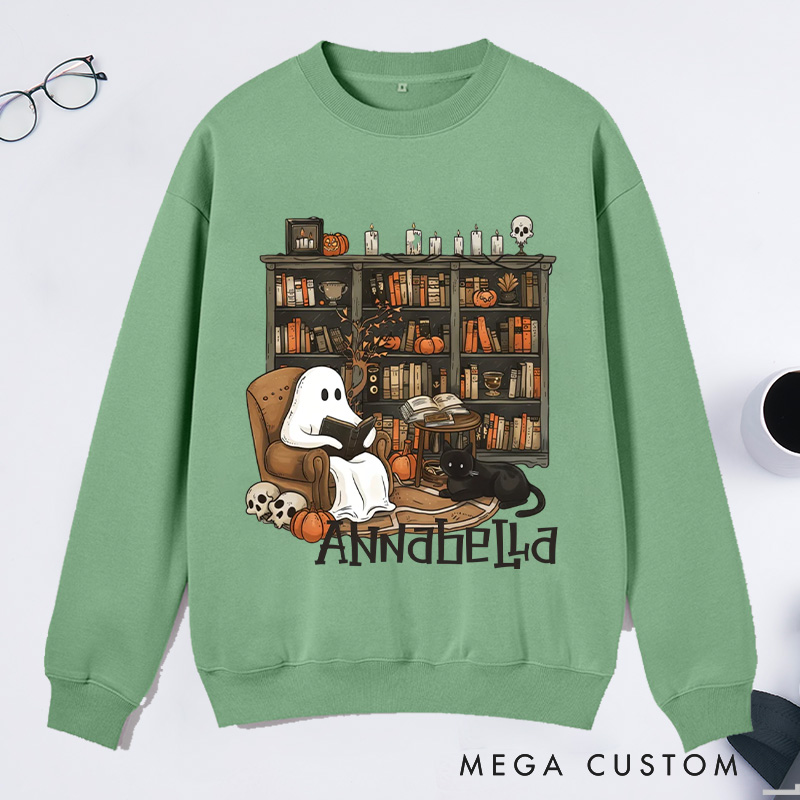 Personalized Retro Ghost Reading Books Classic Sweatshirts Book Lover Sweatshirt Halloween Sweatshirt Reading Gift Librarian Gift Book Lover Gift