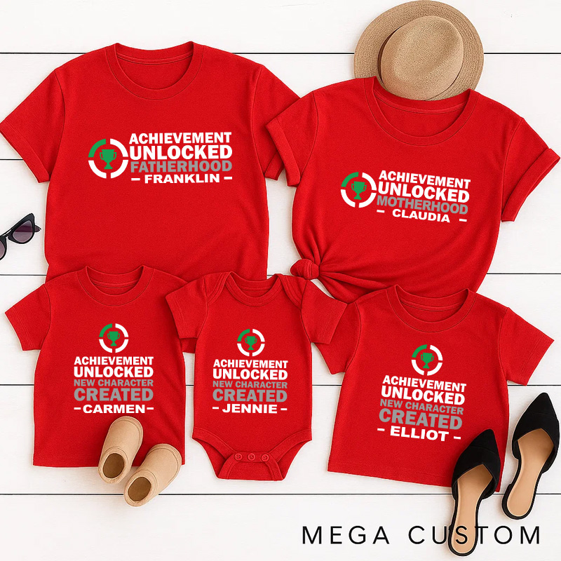 Personalized Achievement Unlocked Family Matching T-Shirts New Father Mother Shirts Funny Gamer Family Shirts Newborn Baby Gaming Shirt Father's Day
