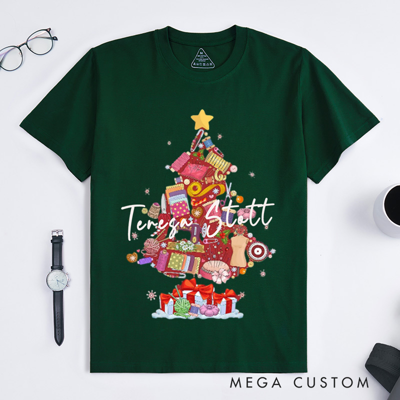 Personalized Sewing Machine Christmas Tree Classic T-Shirts Quilting Shirt Sewing Lover T-Shirt Christmas Tailor Gift Sewing Christmas Shirt