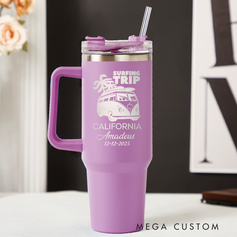 Personalized Surfing Trip Tumbler Travel Lover Tumbler Laser Engraved Tumbler Engraved Tumbler with Name and Location Gift for Vacation