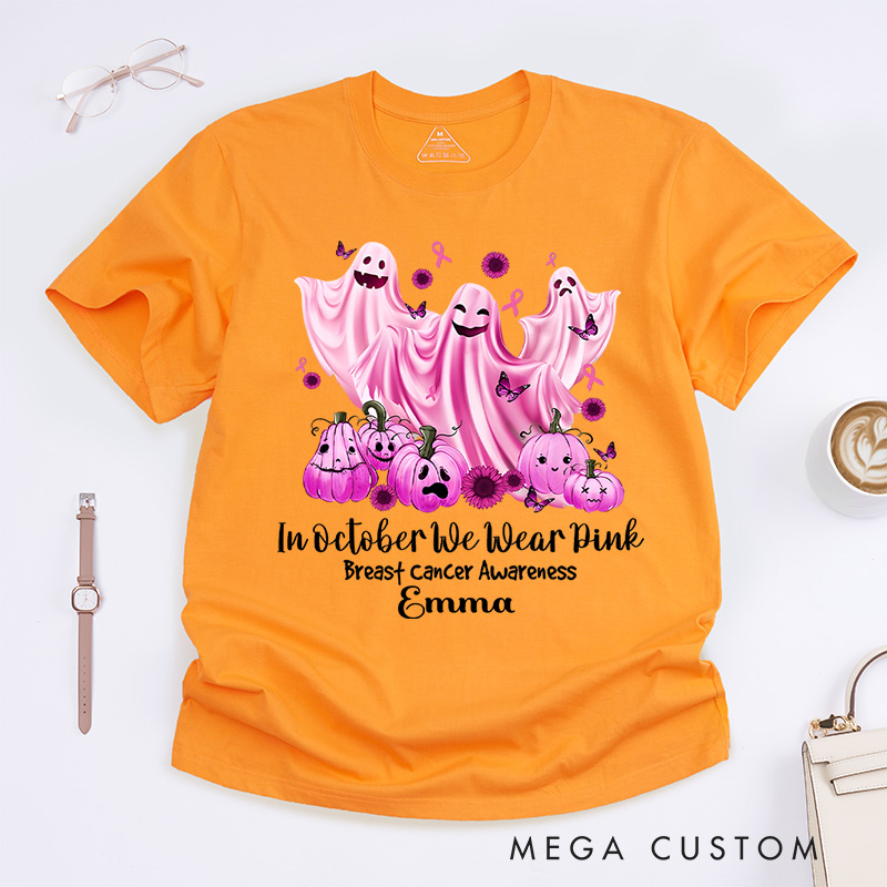 Personalized in October We Wear Pink Breast Cancer Awareness T-Shirt Ghost Haunted Pumpkin Halloween Gift