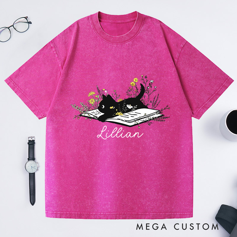 Personalized Cat Flowers Lover Washed T-Shirts Cute Book Cat Shirt Floral Book Shirt Book Lover Shirt