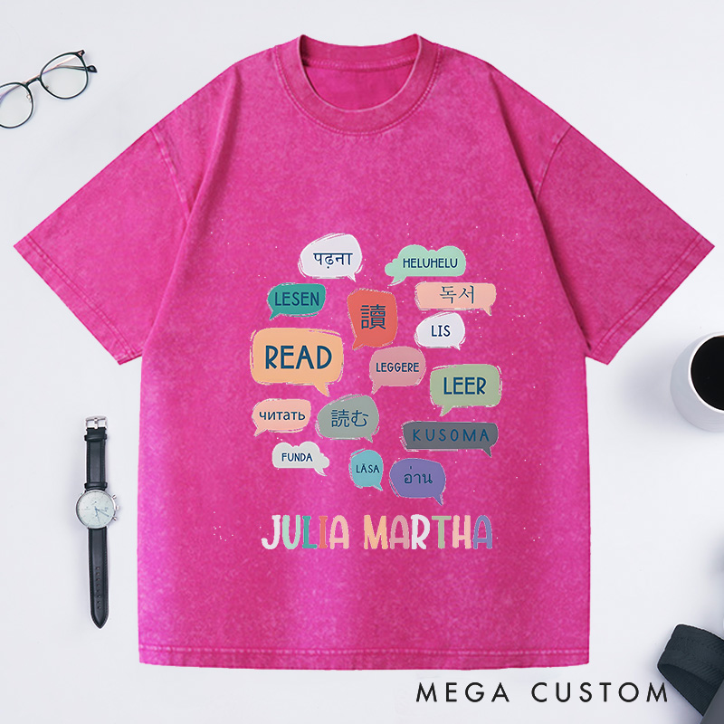 Personalized Reading World Languages Washed T-Shirts Library Professional Tee Book Lover Gift Reading Fans Shirt