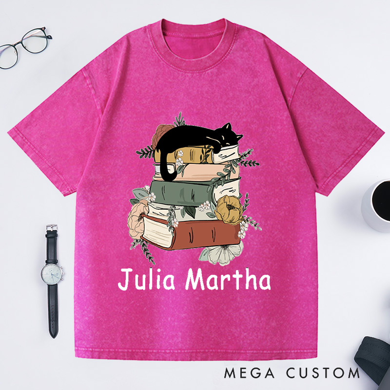 Personalized Books and Cats Washed T-Shirts Reading Shirt Cat Lover T-Shirt