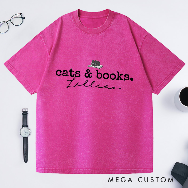 Personalized Cats and Books Washed T-Shirts Book Lover T-shirt Bookish Tee Reading T-Shirt Gift for Cat Lover