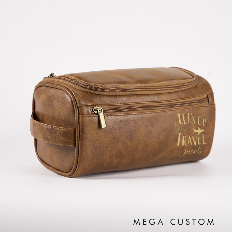 Personalized Let's Go Travel Toiletry Bag Leather Toiletry Bag for Traveling Lovers Cool Travel Gift for Him