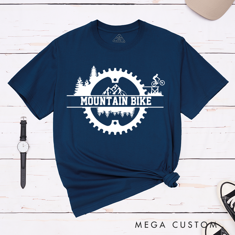 Personalized Mountain Bike Adventure T-Shirt with Forests Cyclist Silhouette for Outdoor Adventures Riding Cycling Biking Enthusiasts