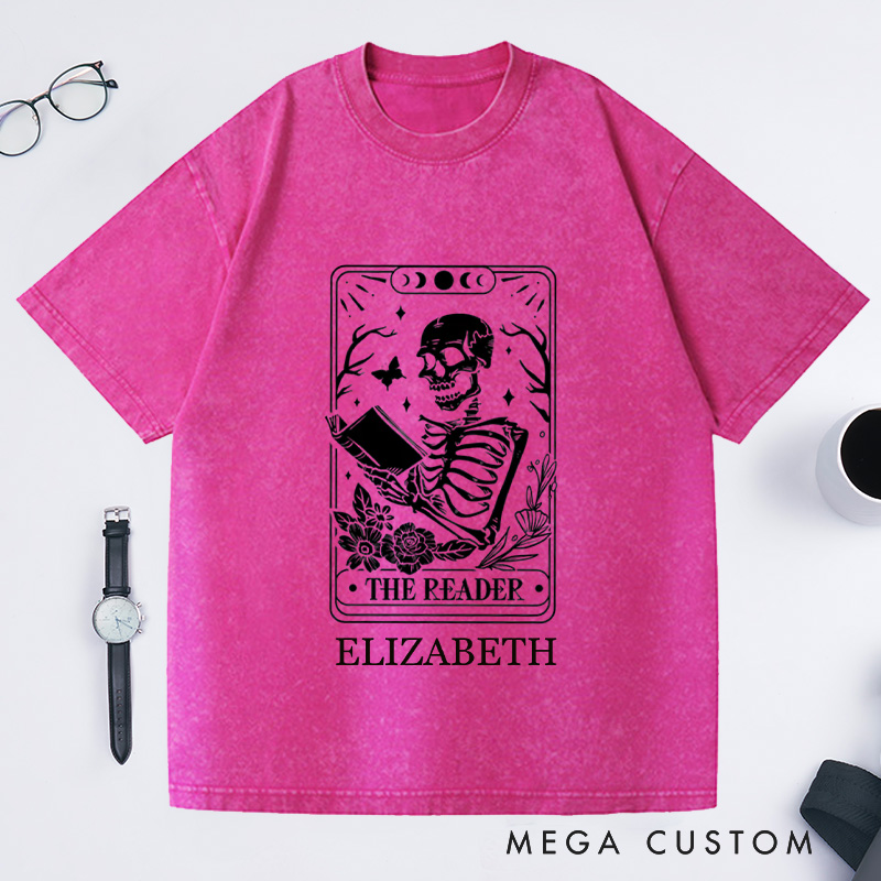 Personalized The Reader Tarot Card Front And Back Printing Washed T-Shirts Skeleton Reading T-shirt Book Lover Gift Book Lover Tee Tarot Card Shirt