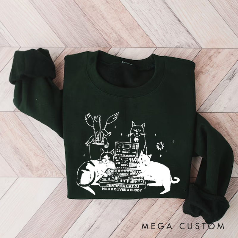 Personalized Classic Sweatshirts with Cat Sitting on Synthesizer and DJ Cat Illustration and Available in Multiple Colors