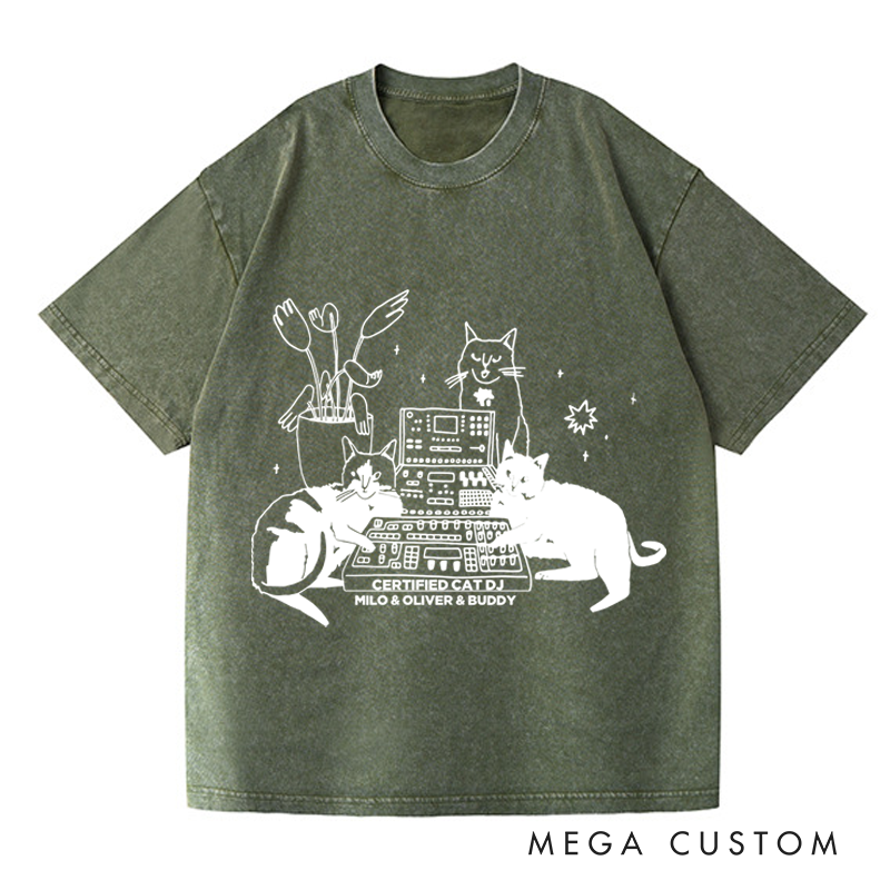 Personalized Washed T-Shirts with Cat Sitting on Synthesizer and DJ Cat Illustration and Available in Multiple Colors