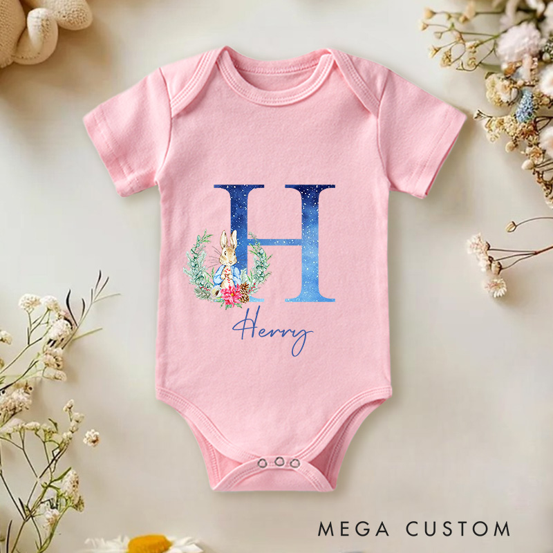 Personalized Blue Rabbit Initial Baby Onesie New Boy Gift Coming Home Gift