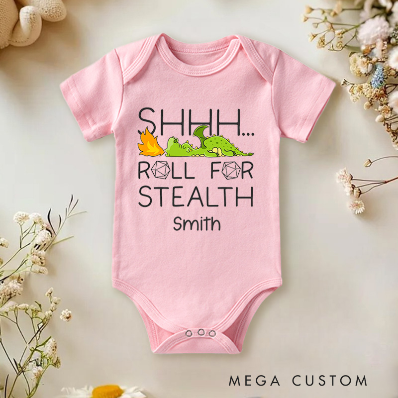 Personalized Shhh... Roll for Stealth Fun Dragon and Dice Gaming Design Baby Onesie