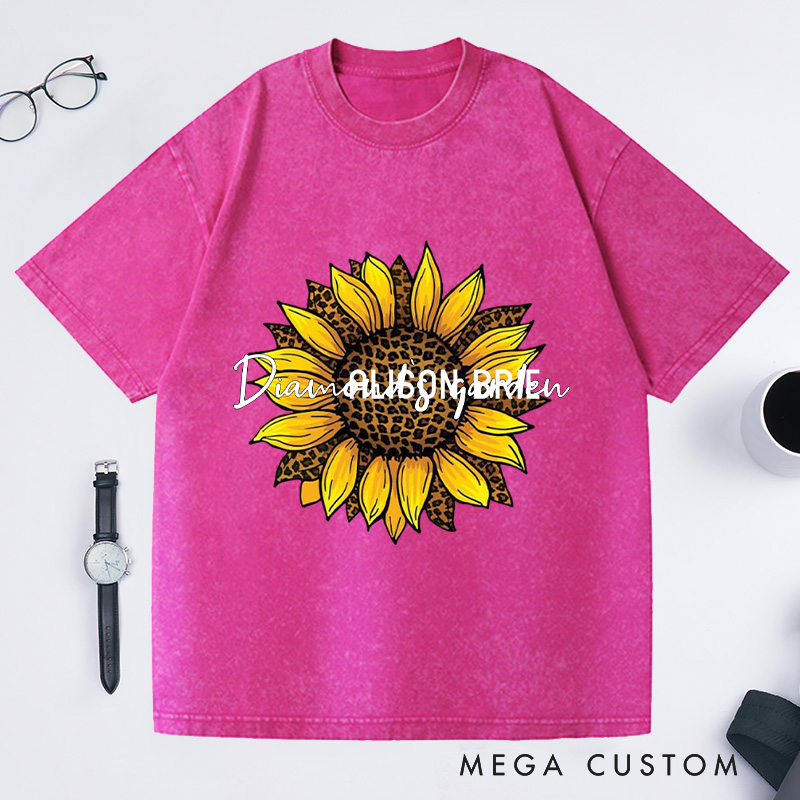 Personalized Leopard Sunflower Washed T-Shirts Sunflower Shirt Leopard And Floral Shirt Flower Shirt Botanical Print Shirt