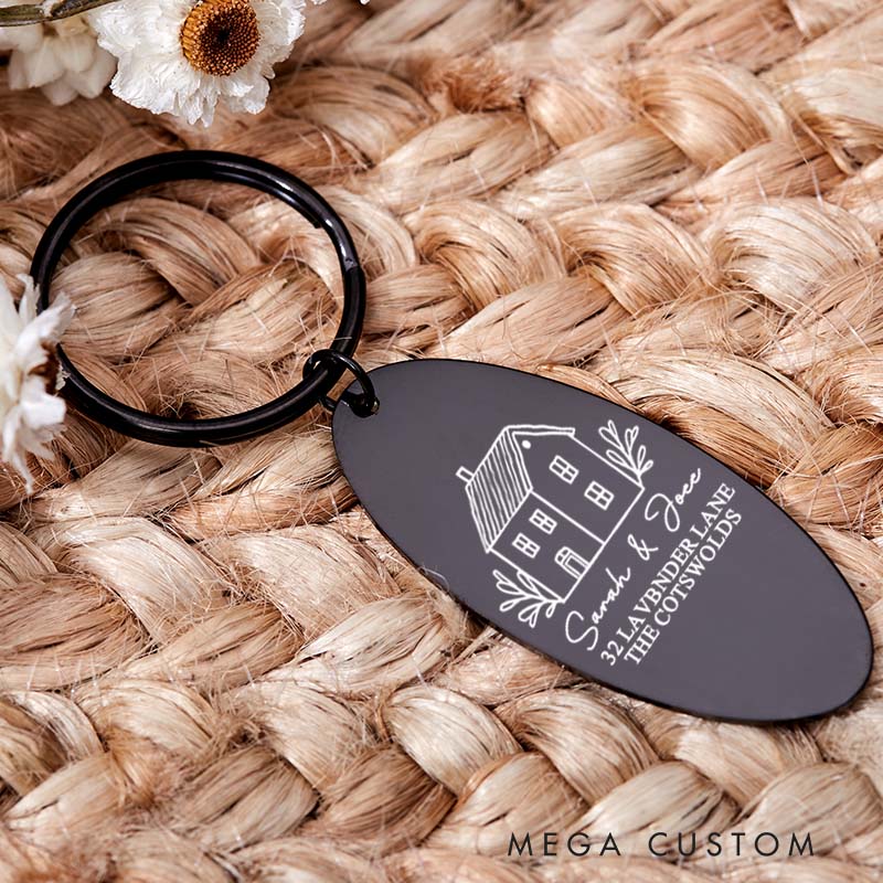 Personalized New Home Couples Keyring Housewarming Gift Engraved Keychain with Name and Adress Moving House Gift New Home Key Ring Gift for Homeowner