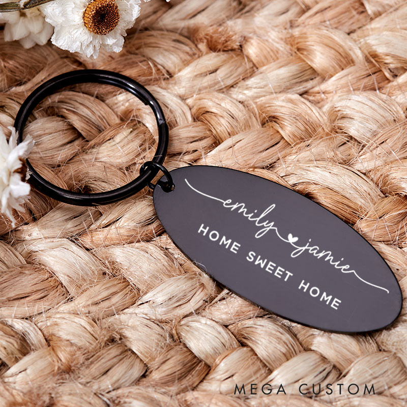 Personalized Home Sweet Home Couples Keyring with Names Engraved New Home Keychain Housewarming Gift Moving House Gift for Homeowner His and Hers