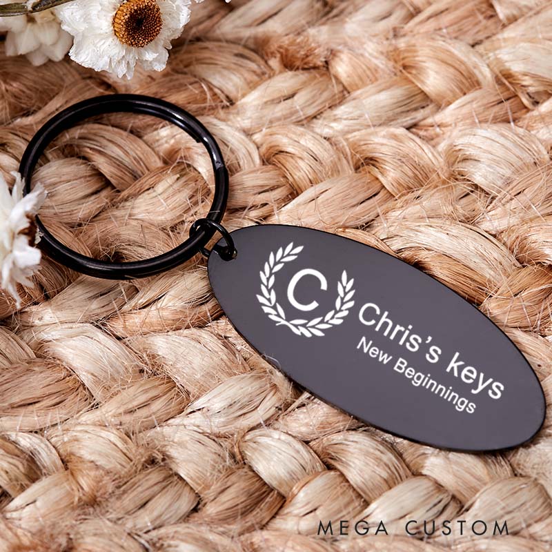 Personalized New Beginnings Keychain with Name Engraved House Warming Key Chain New Home Initial Keyring Moving House Gift for Homeowner First Home