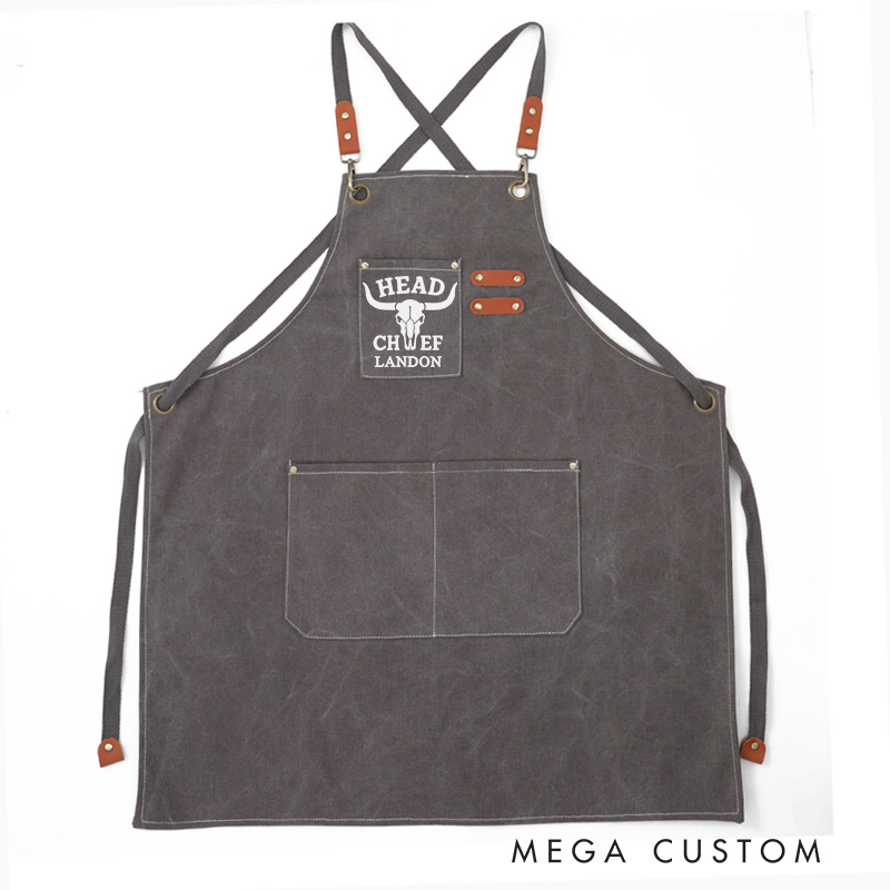 Personalized Apron Custom Name with Head Chef Text and Bull Skull Graphic Kitchen Gift for New Homeowners Stylish Apron for Grilling Housewarming Gift