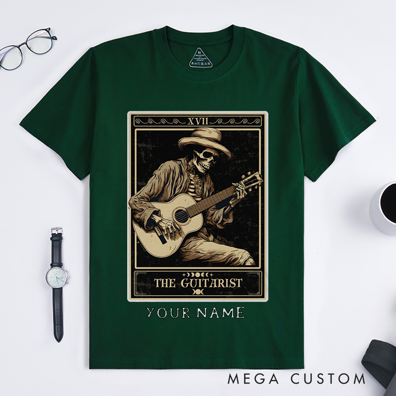 Personalized Tarot Lovers Classic T-Shirts Skeleton Guitarist Classic T-Shirts Vintage Cowboy Acoustic Guitar Tee for Magic Lover