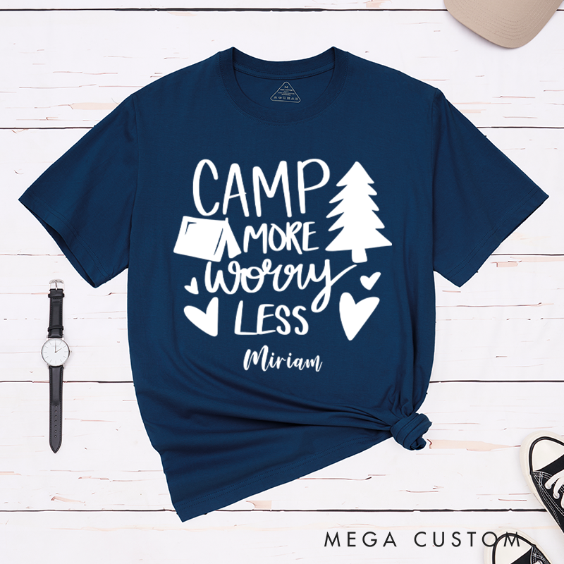 Personalized Camp More Worry Less T-Shirt Camping Outdoors Hiking Adventure Lover Gift