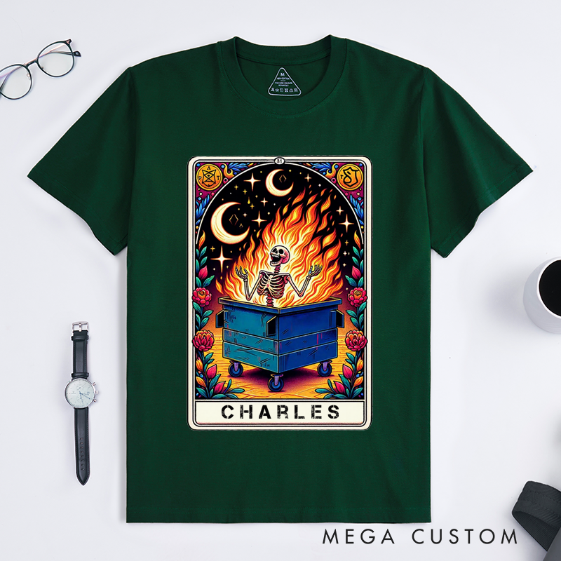 Personalized Tarot Lovers Classic T-Shirts Custom Name Dumpster Fire Skeleton Emotional Gift for Magic Lover Present