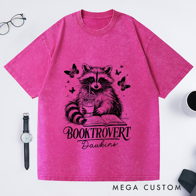 Personalized Booktrovert Washed T-Shirts Funny Book Lover Reading Raccoon Trendy Bookish Book Lover Gift 