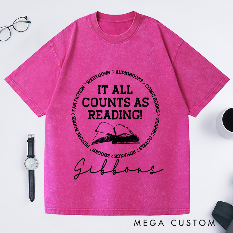 Personalized It All Counts As Reading Washed T-Shirts Book Lovers Shirt