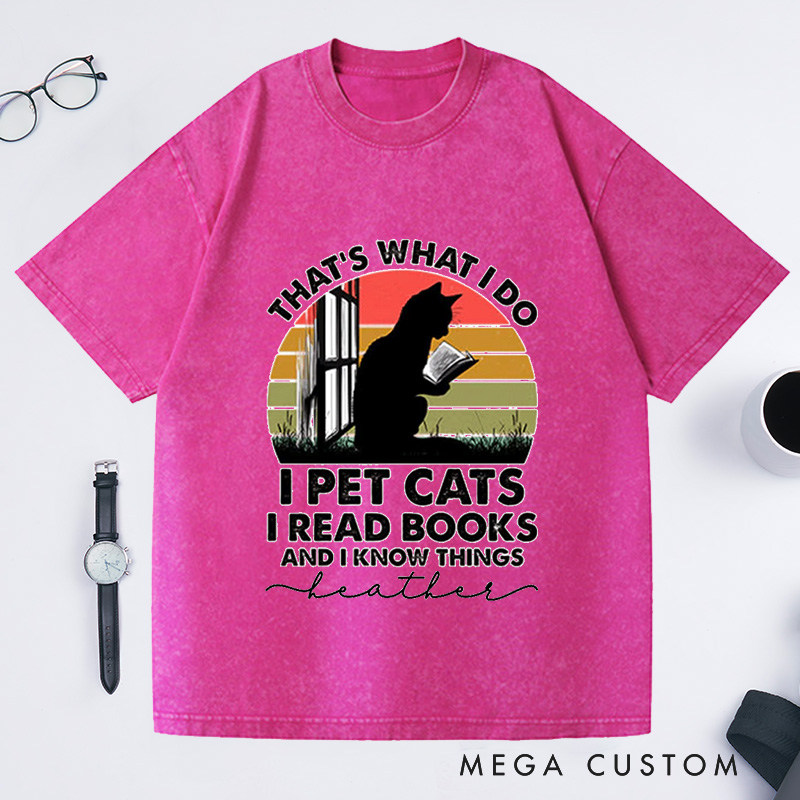 Personalized Cat and Book Washed T-Shirts Book Lover Shirt Cat Book Shirt Cat Lover Shirt Reading Shirts Bookworm Gifts