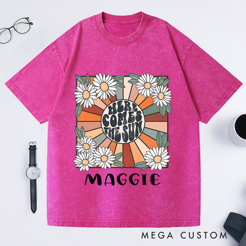 Personalized Here Comes the Sun Washed T-Shirts for Women Travel Beach Vacation Shirt Sunshine Shirt Beatles Retro Shirt Motivational Shirt Gift for Her