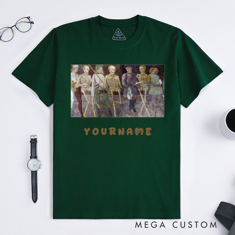 Personalized Medieval Dance of Death Skeleton Art T-Shirts Unique Gothic Renaissance Unisex Gift for Dance Lovers Macabre Aesthetic Custom Halloween Apparel