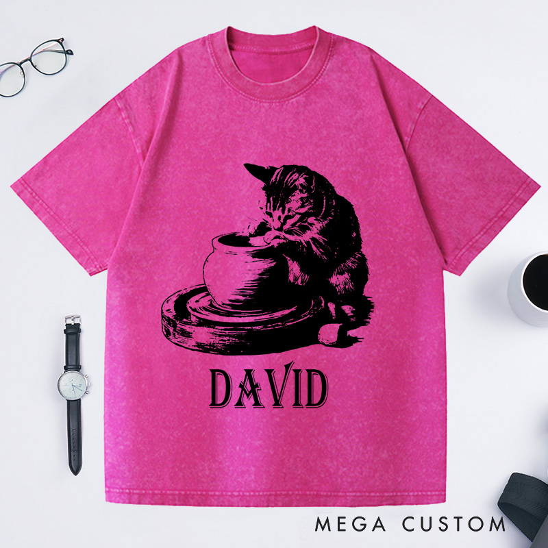 Personalized Cat Pottery Washed T-Shirts Pottery Lover T-Shirt Funny Cat Woman Shirt Weird Animals Shirts Vintage 90s Tattoo Graphic Tee